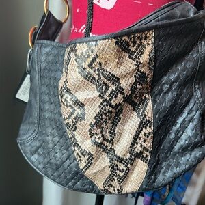 bebe Black and Tan Hobo Bag with Snakeskin Print